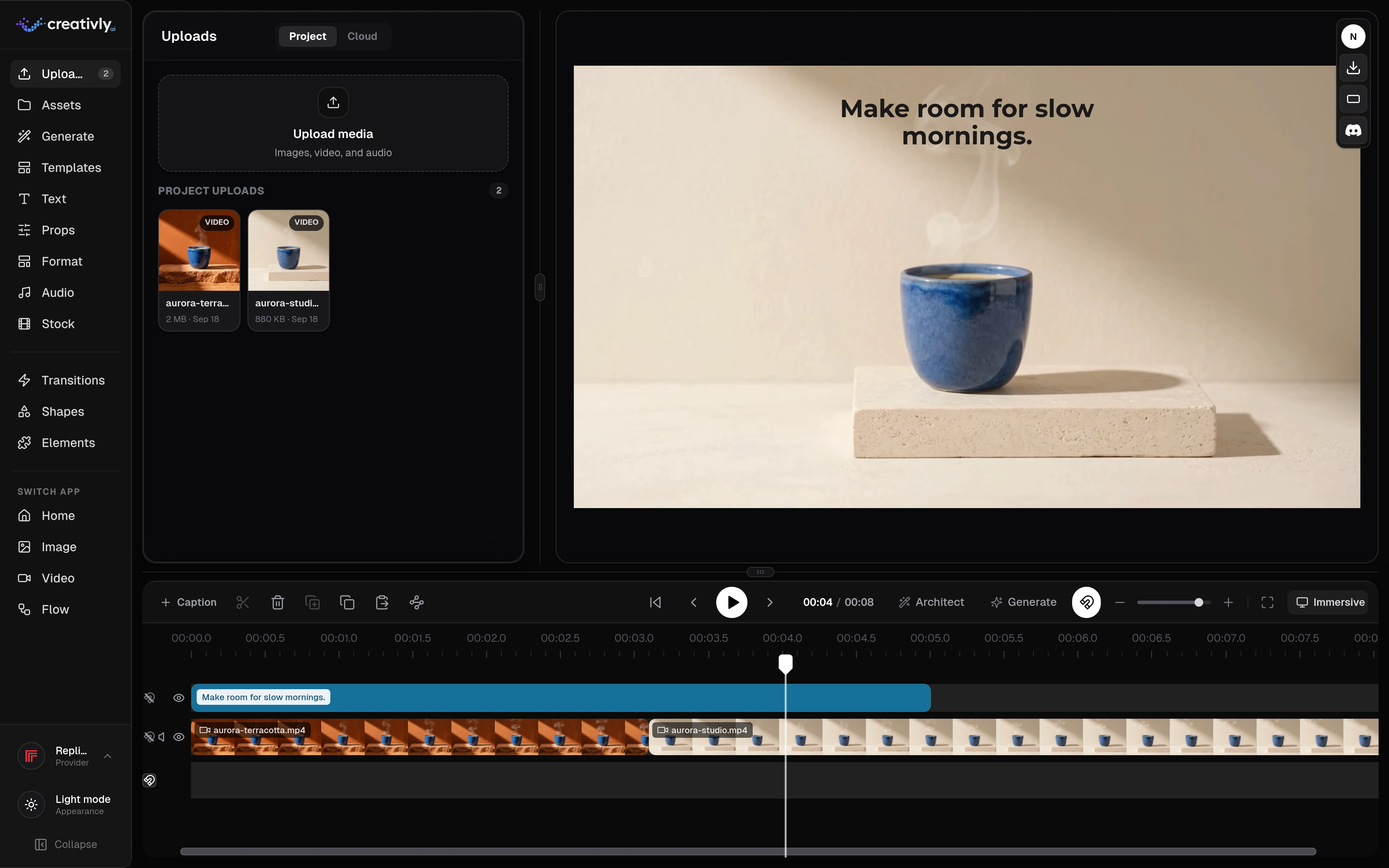 Actual dark Video Editor with two uploaded blue-cup films, an eight-second timeline, a separate text track, and the headline Make room for slow mornings above the product.