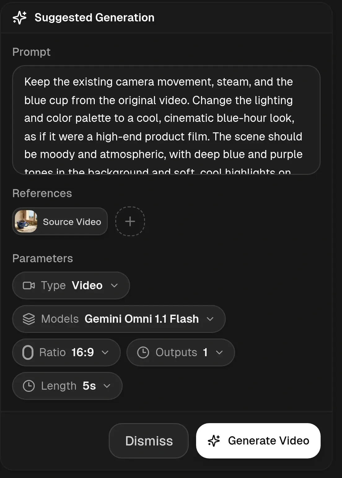 Flow Agent Suggested Generation with a source-video reference, a blue-hour edit prompt, Gemini Omni 1.1 Flash, landscape 16:9, one output, five seconds, and Dismiss or Generate Video controls.