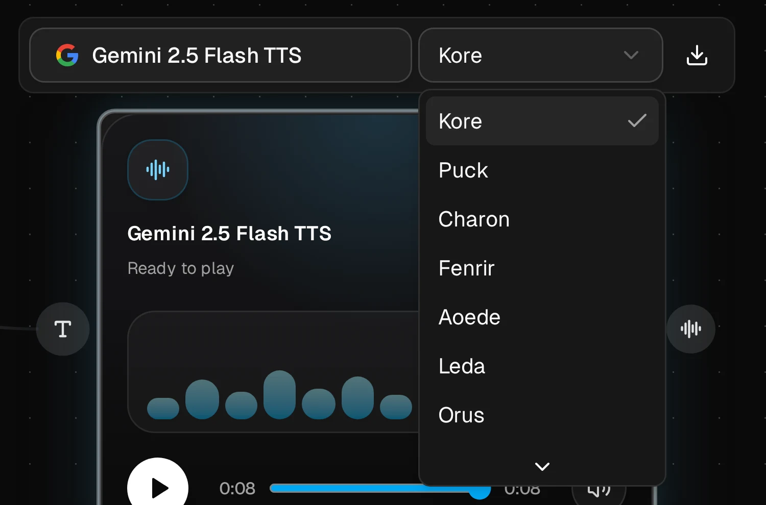 Gemini 2.5 Flash TTS model control beside its open voice menu, with Kore selected and other voices listed.