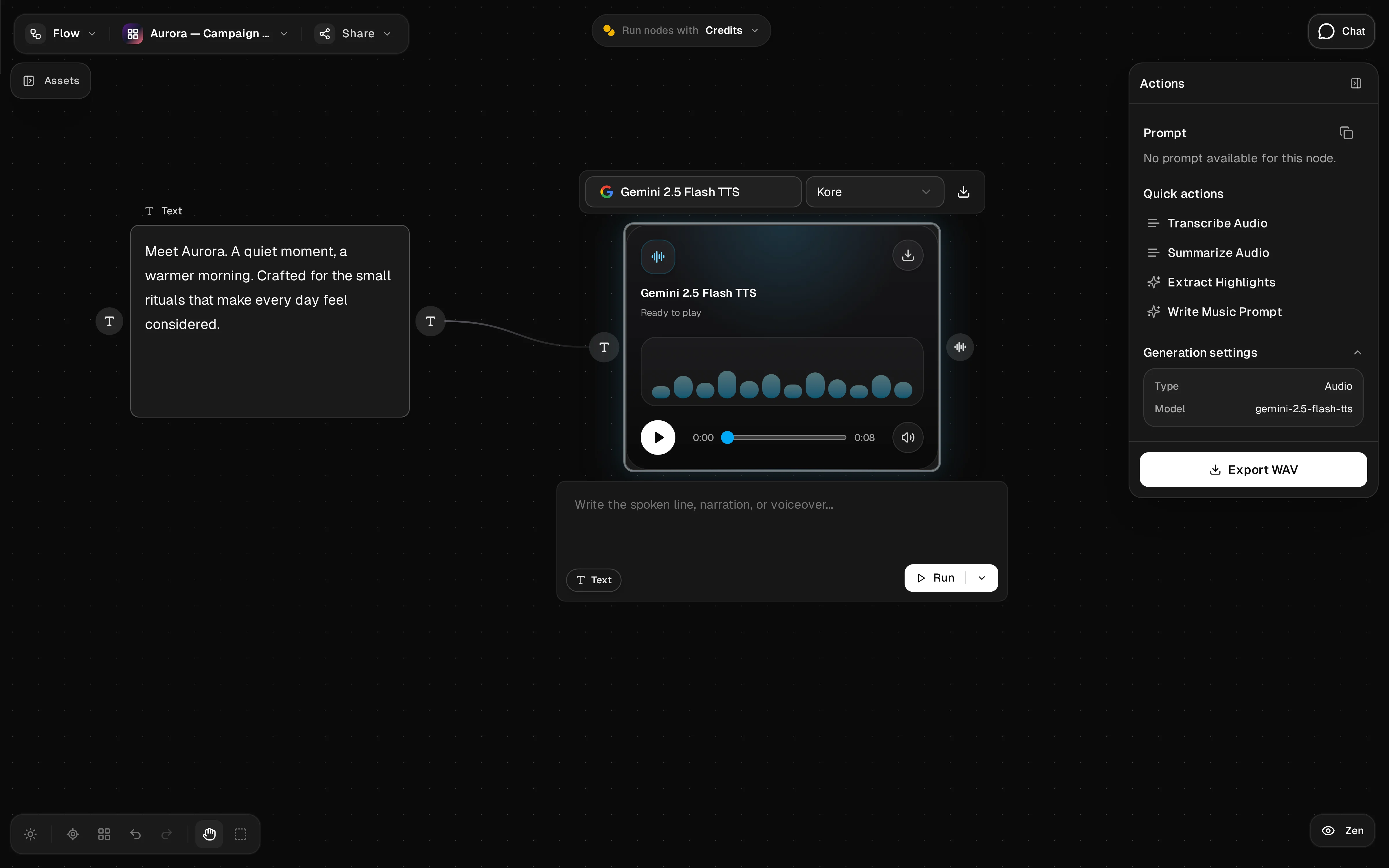Actual dark Flow workspace: an Aurora narration script connected to a completed Gemini 2.5 Flash TTS audio node, with Kore selected and an eight-second audio player.
