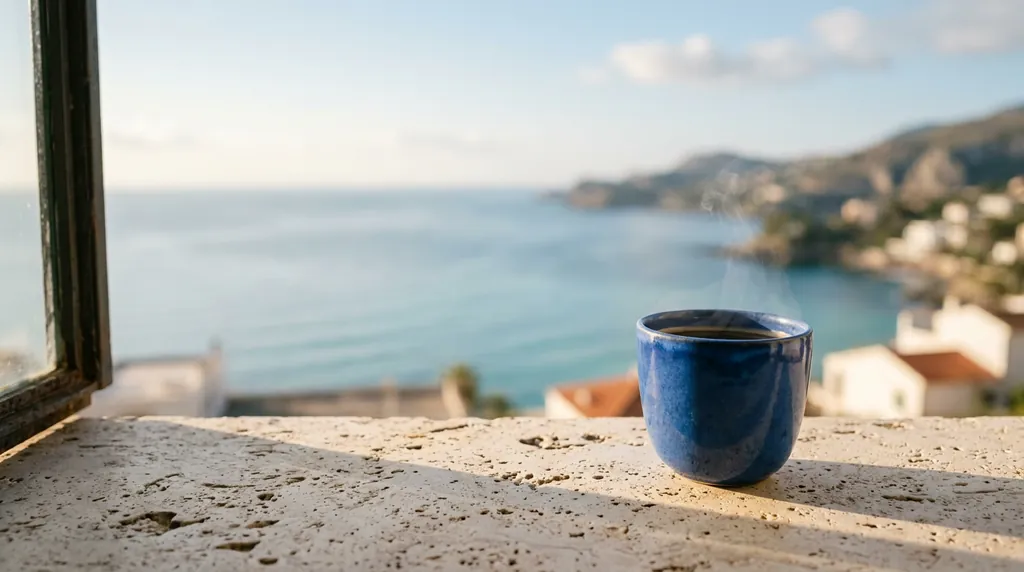 Blue ceramic cup on a stone windowsill overlooking the sea, before background removal.
