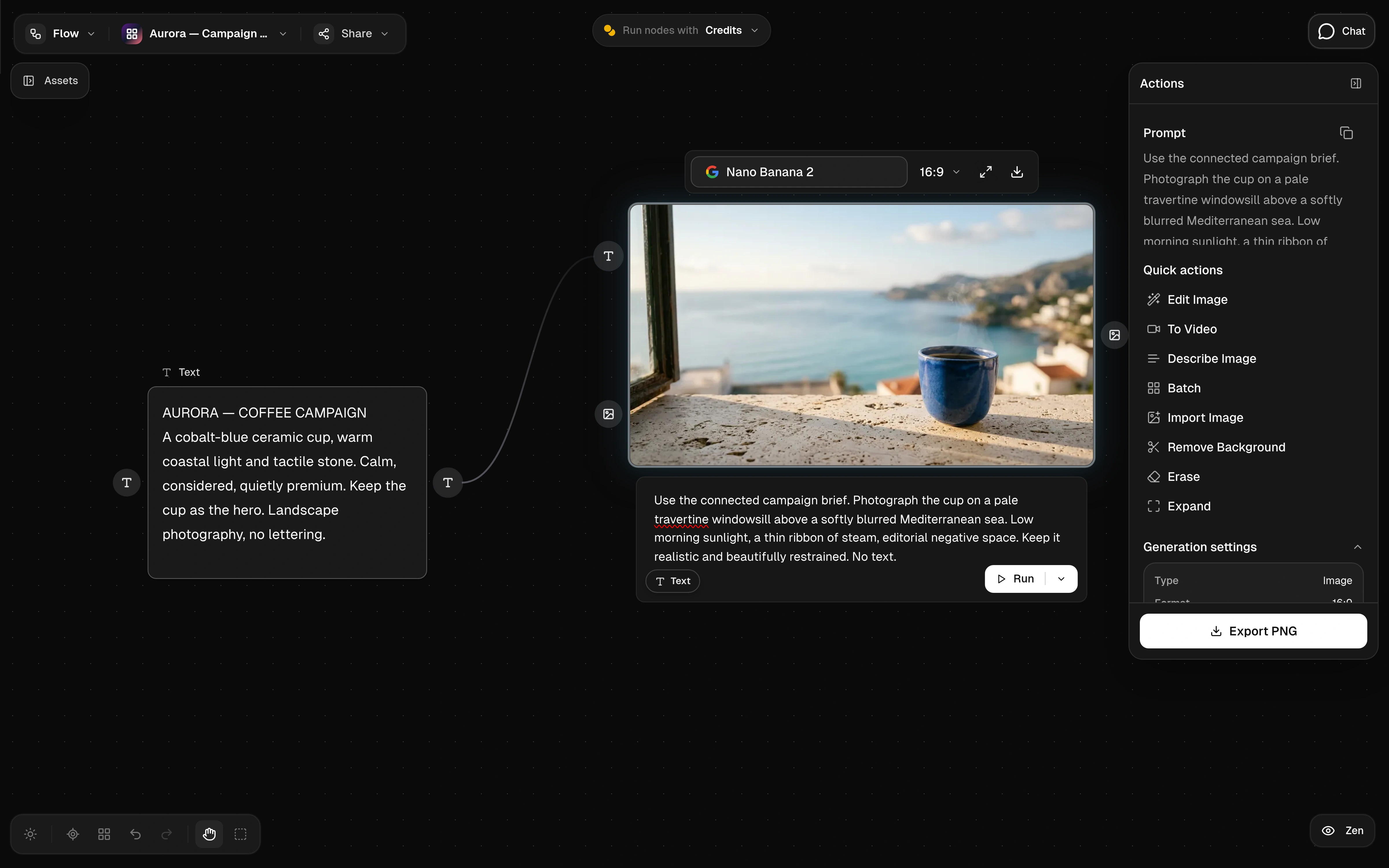 Full dark Flow workspace with a Text brief connected by a clearly spaced curve to a completed Nano Banana 2 product image.