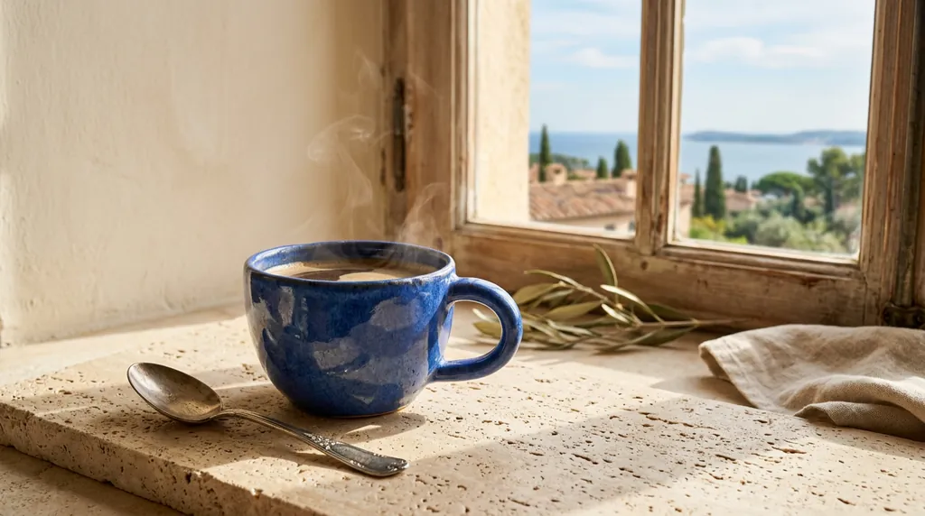 A cobalt-blue ceramic cup on a pale stone table by a sunlit Mediterranean window.