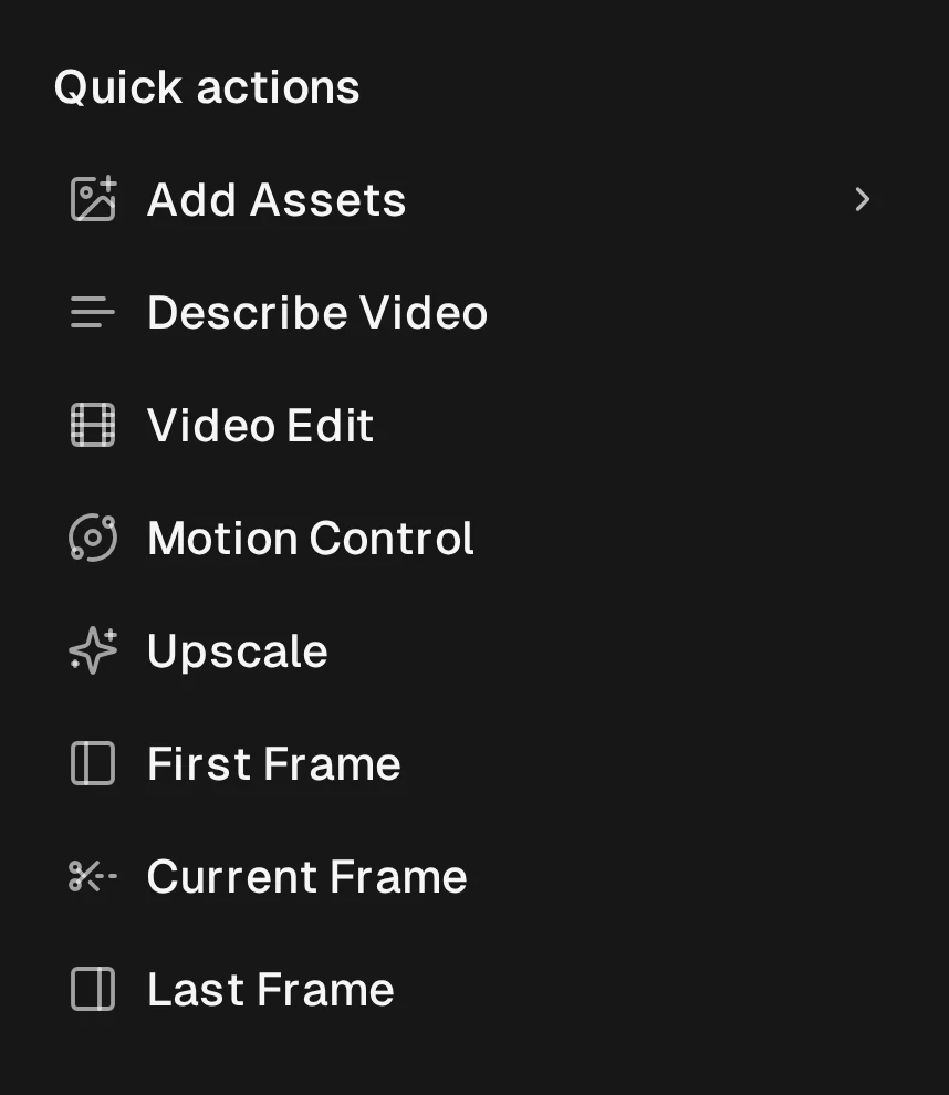The selected video's Quick actions menu, including First Frame, Current Frame and Last Frame.