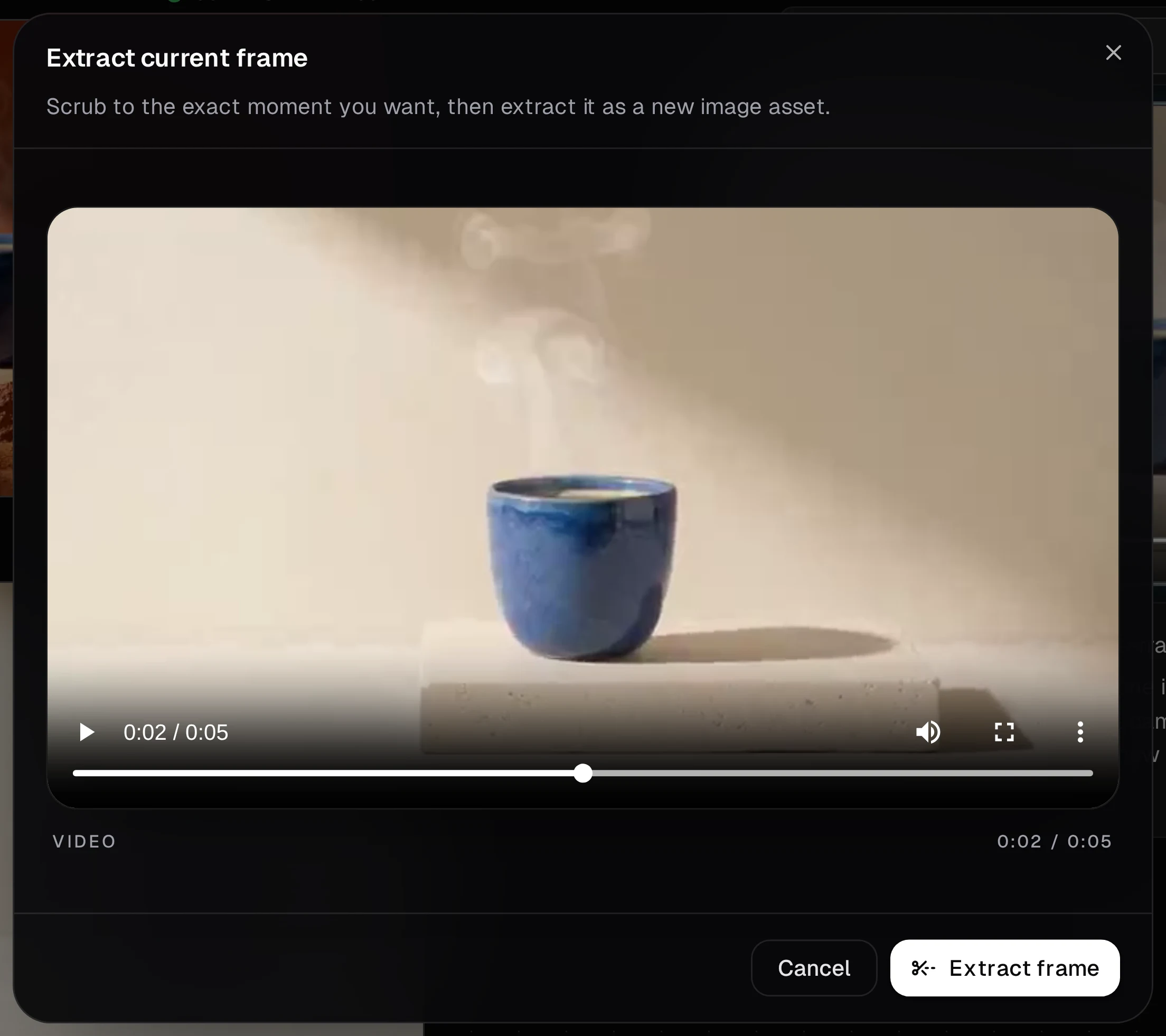 Flow's Extract current frame dialog with the blue cup video paused halfway through, its playback slider and the Extract frame button.