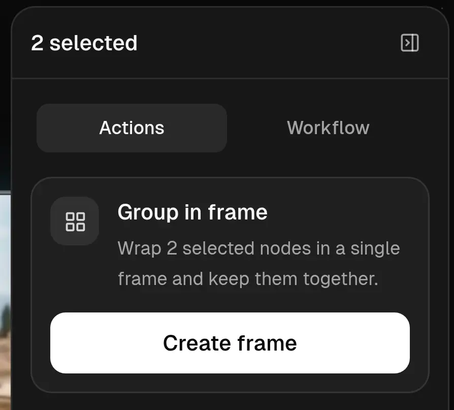 Actions panel for two selected nodes, including the Create frame button.