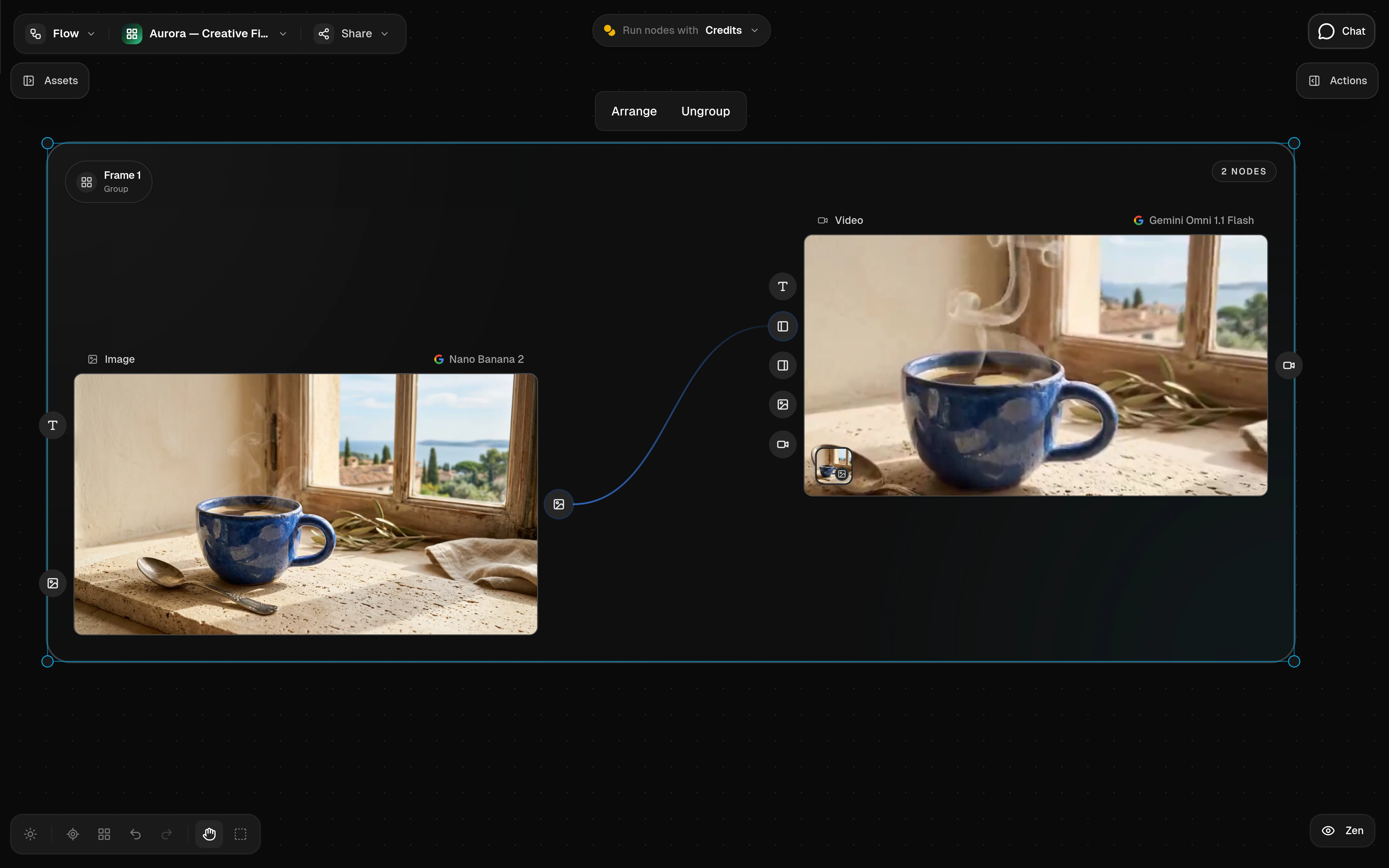 Dark Flow canvas at normal zoom with a completed image and video inside Frame 1, their first-frame connection visible, and Arrange and Ungroup controls above the group.