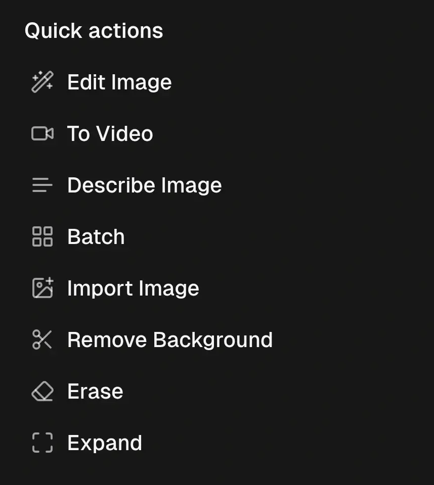 Image Actions panel with Remove Background alongside Edit Image, To Video, Describe Image, Batch, Import Image, Erase and Expand.