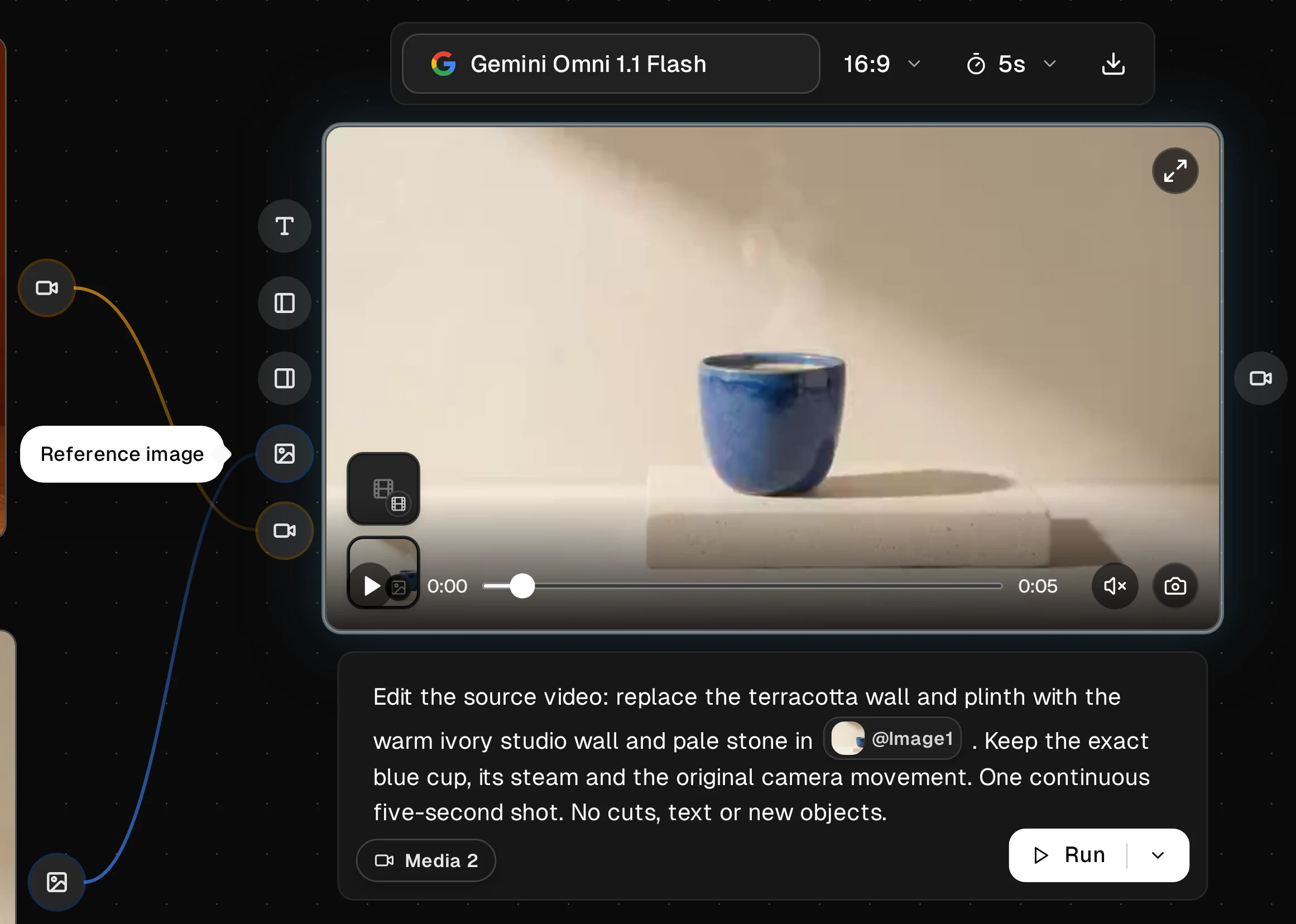Actual video node with the Reference image tooltip open, separate image and video connections, Gemini Omni 1.1 Flash settings, and Media 2 below the edit prompt.