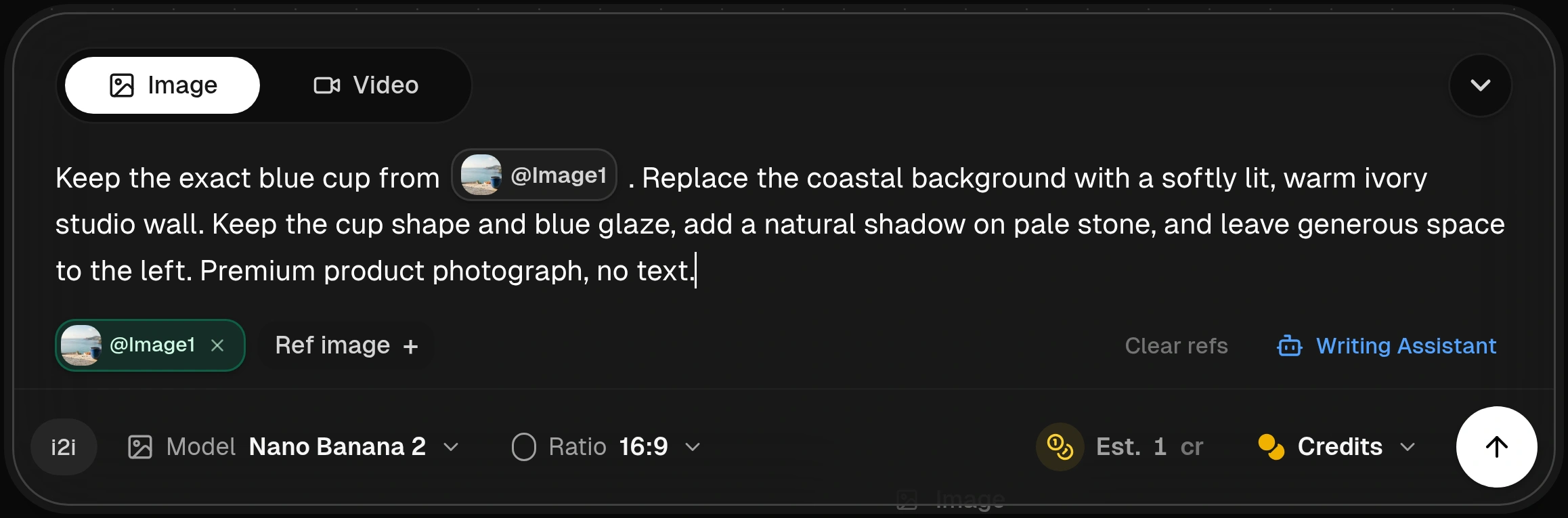 Actual main Flow Prompt Bar with Image selected, an attached and inline Image1 chip, Nano Banana 2, Ratio 16:9 and a one-credit estimate.