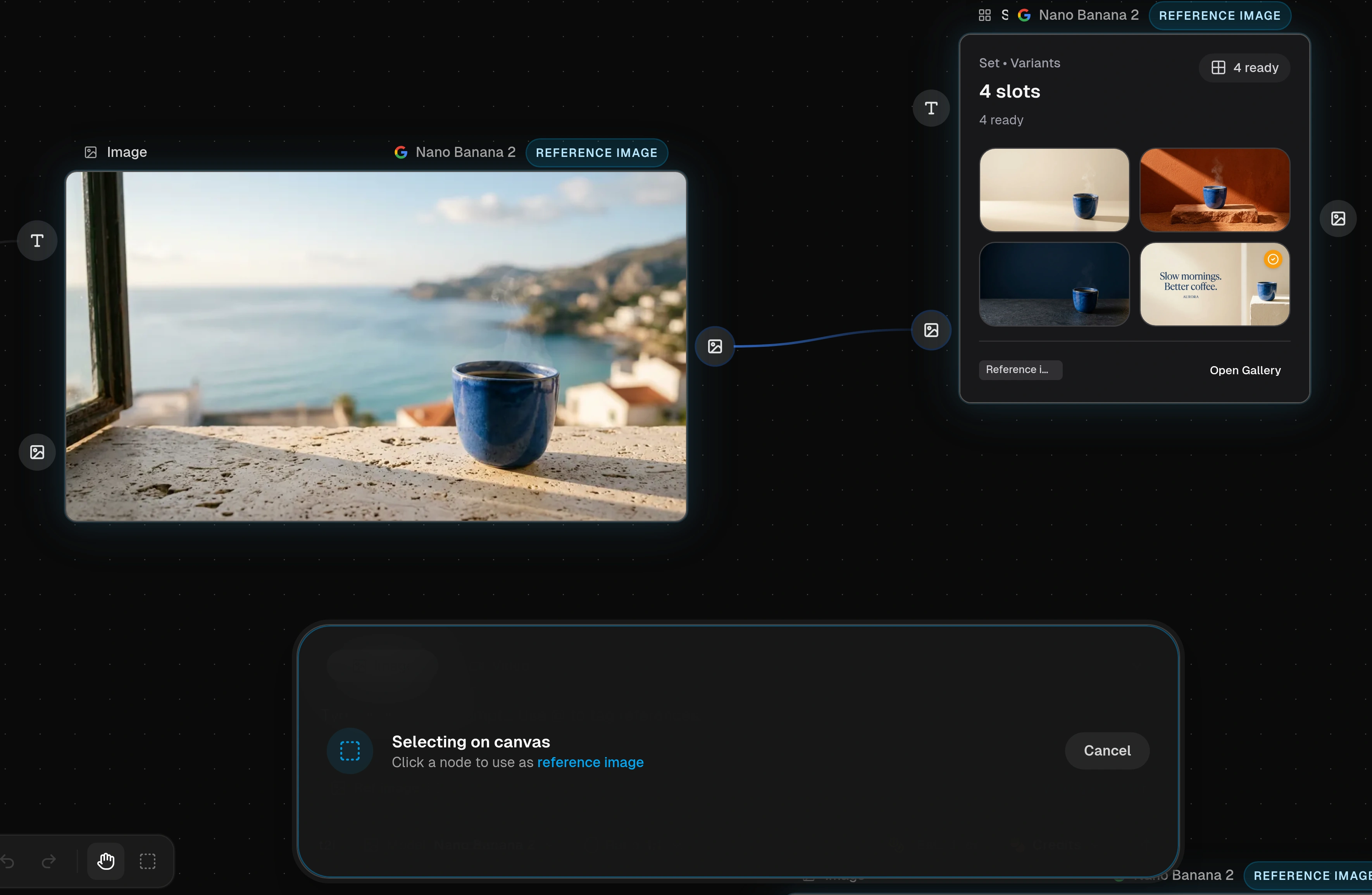 Flow canvas reference-selection mode, with compatible image nodes highlighted and the Selecting on canvas instruction visible above the Prompt Bar.