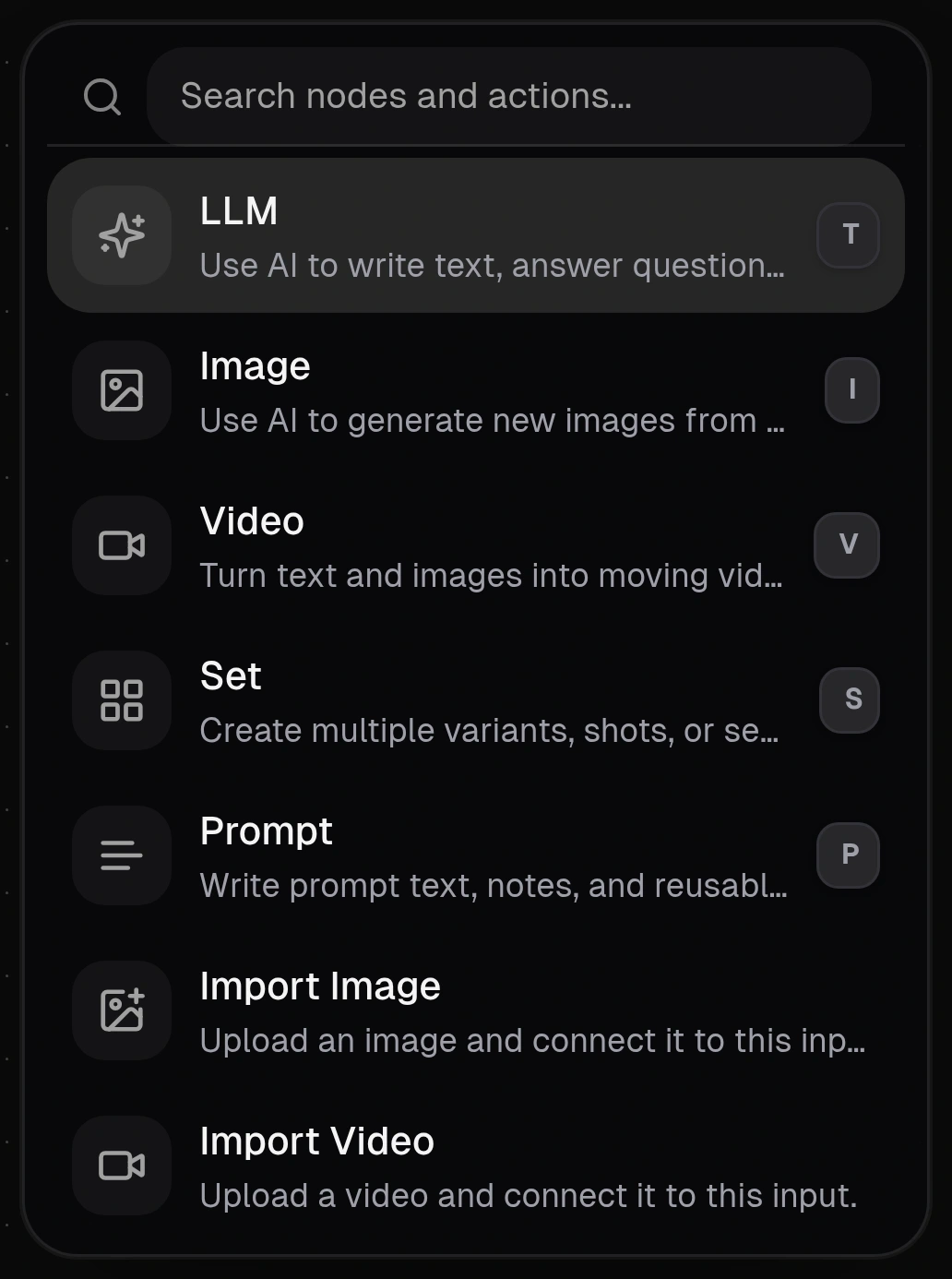 Flow's actual node picker, including LLM, Image, Video, Set, Prompt and media-import options.