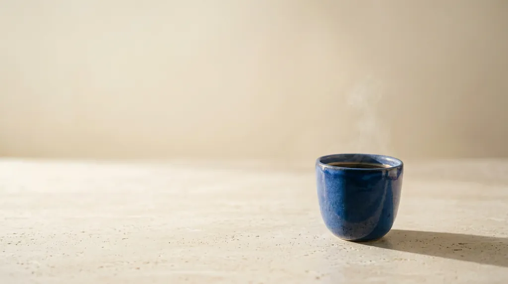 Completed Nano Banana 2 image of the same blue cup on pale stone against a warm ivory studio wall, with space on the left.