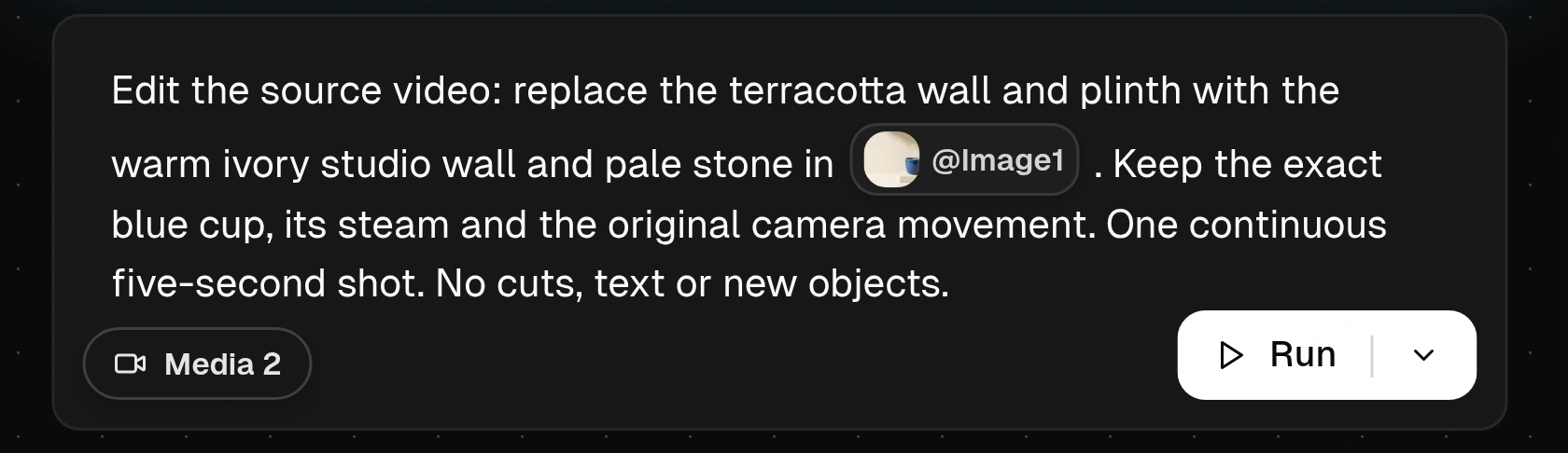 Flow video-edit prompt with an inline Image1 reference chip, Media 2 and the node's Run button.