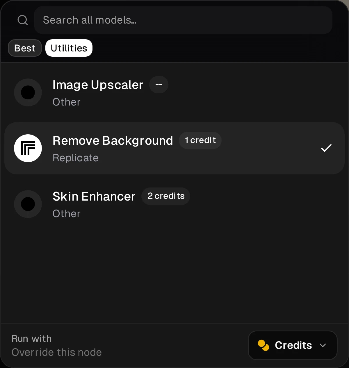 Actual Utilities model picker with Remove Background checked, a one-credit label and Run with Credits below.