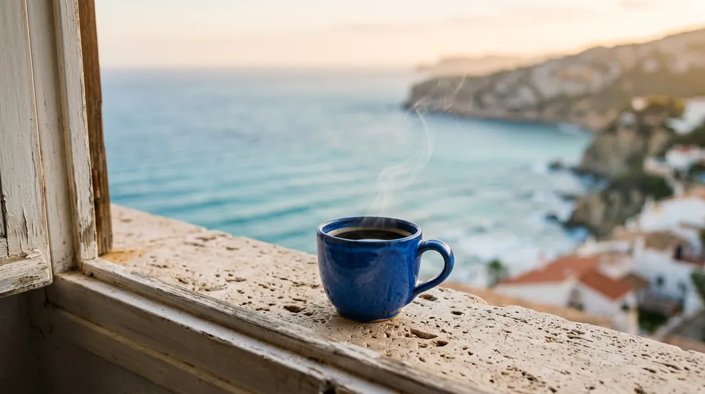 New Nano Banana 2 result with the blue cup nearer the center, steam, a textured windowsill and the softly blurred coast.