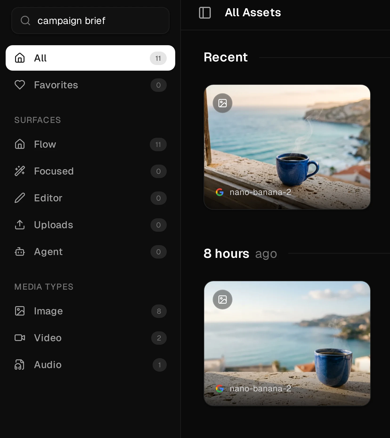 Actual project Assets search for campaign brief, showing the latest blue-cup image under Recent and the earlier version below it.