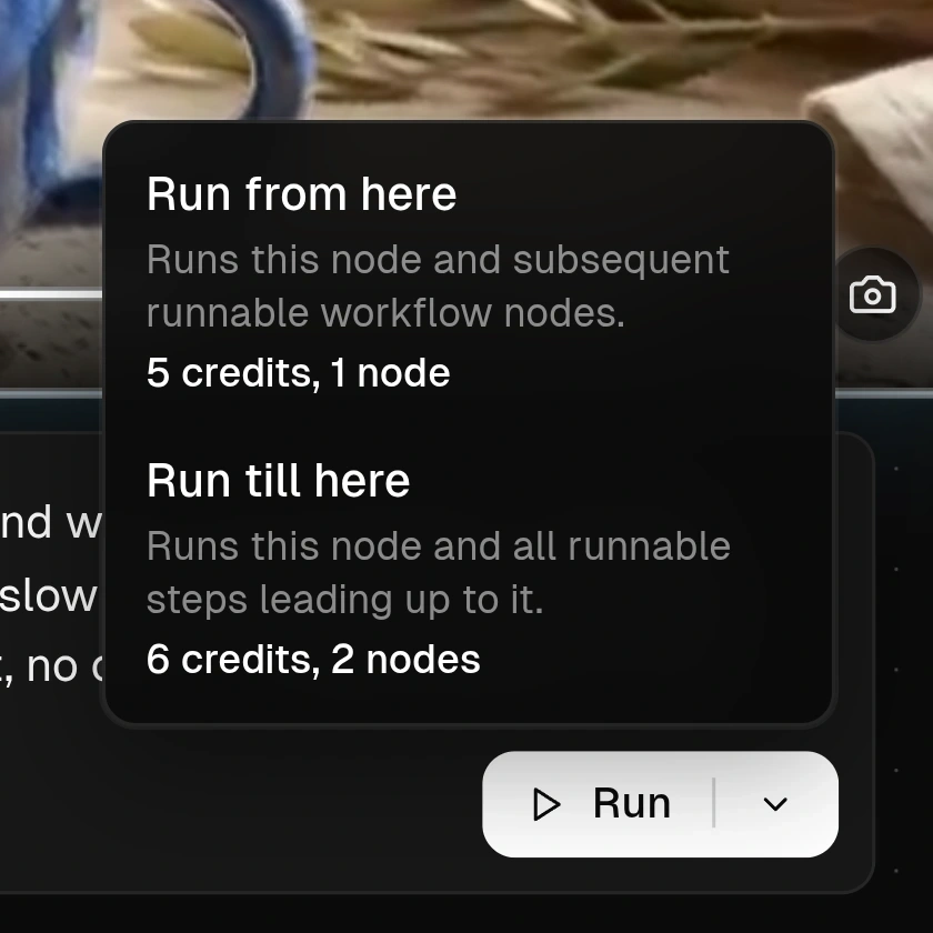 Flow run menu showing Run from here and Run till here, with node counts and credit estimates.