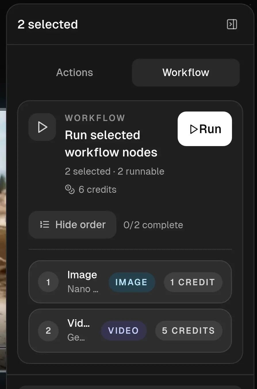 Workflow panel with two selected runnable nodes, a 6-credit estimate, a Run button, and the previewed image-then-video execution order.