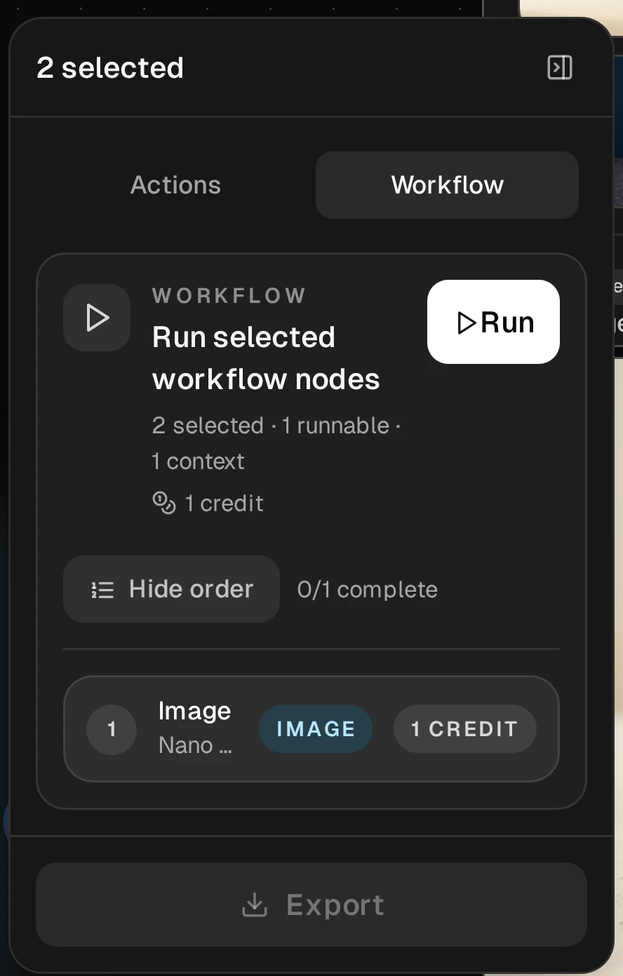 Actual pre-run Workflow panel: 2 selected, 1 runnable, 1 context, with one Image step and a one-credit estimate.