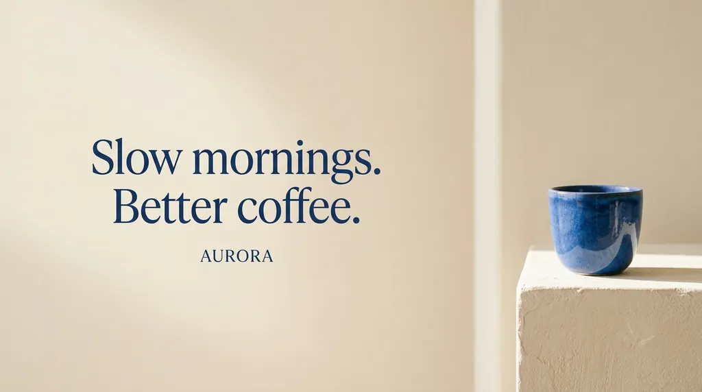 Cream campaign advert with the blue cup and the headline Slow mornings. Better coffee. above the AURORA wordmark.