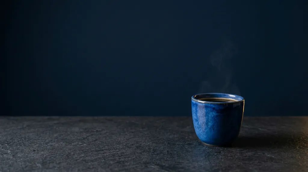 The blue cup against a navy background, on charcoal stone with a warm rim light.