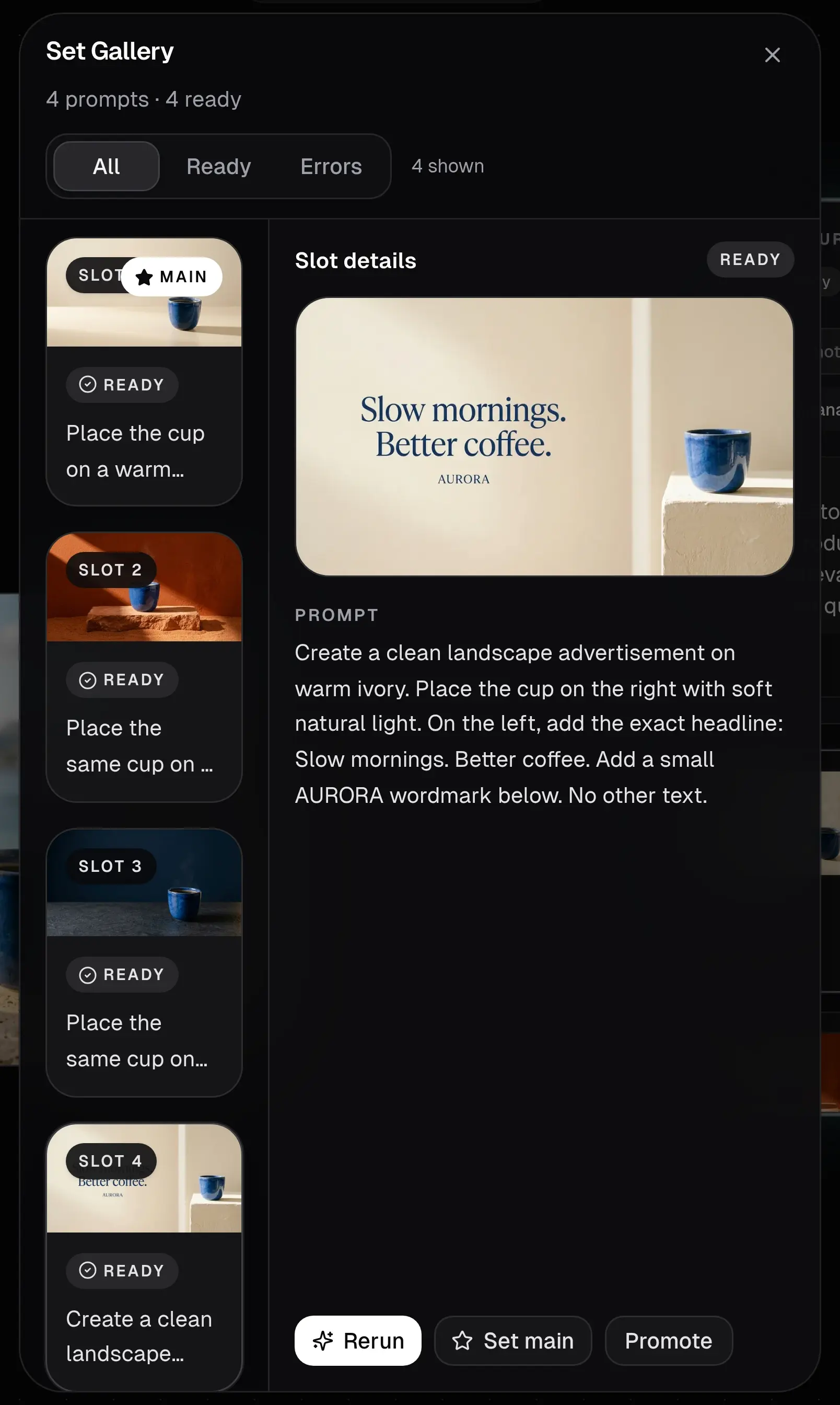 Actual Set Gallery with all four campaign variants ready, the headline advert selected, and Rerun, Set main and Promote controls.
