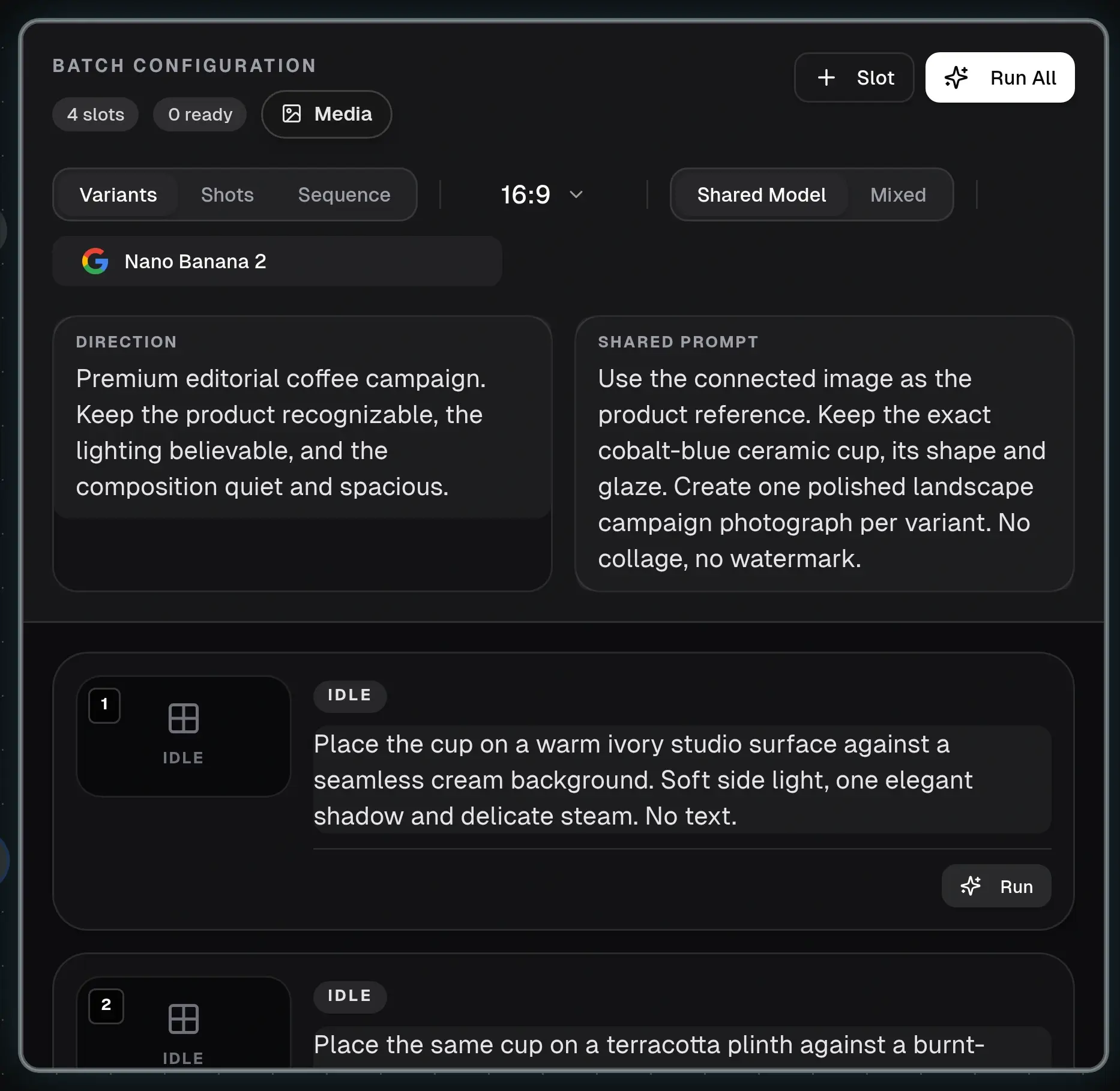 Flow Set configuration with four slots, a connected Media input, Nano Banana 2, 16:9, shared direction and product-reference instructions, and the first variant prompt.