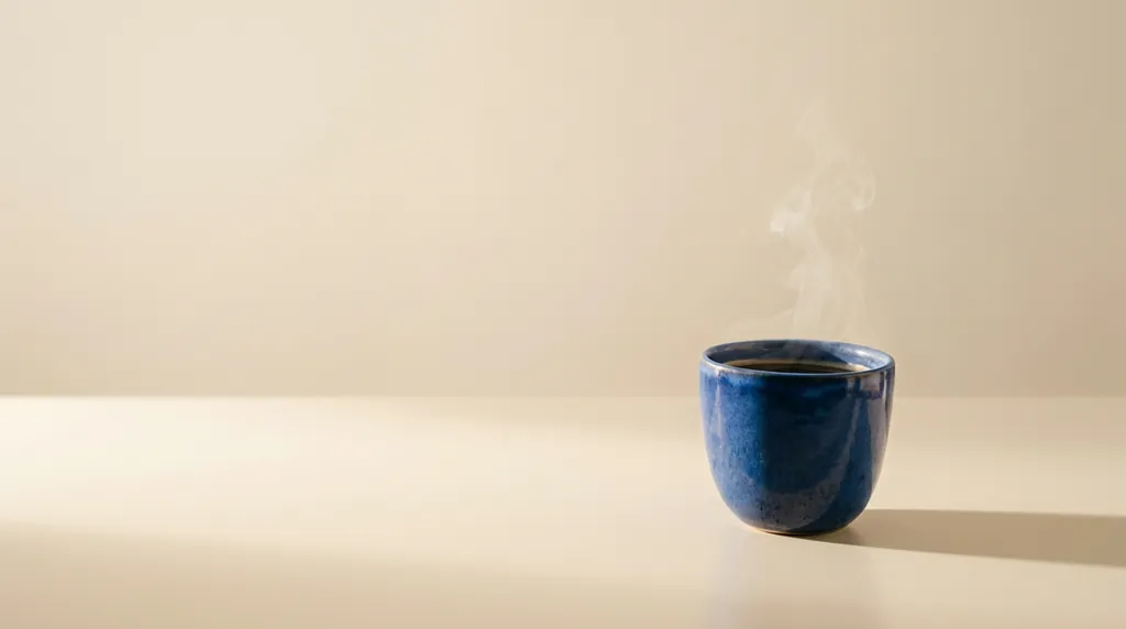 The reference blue cup on a softly lit cream studio surface.