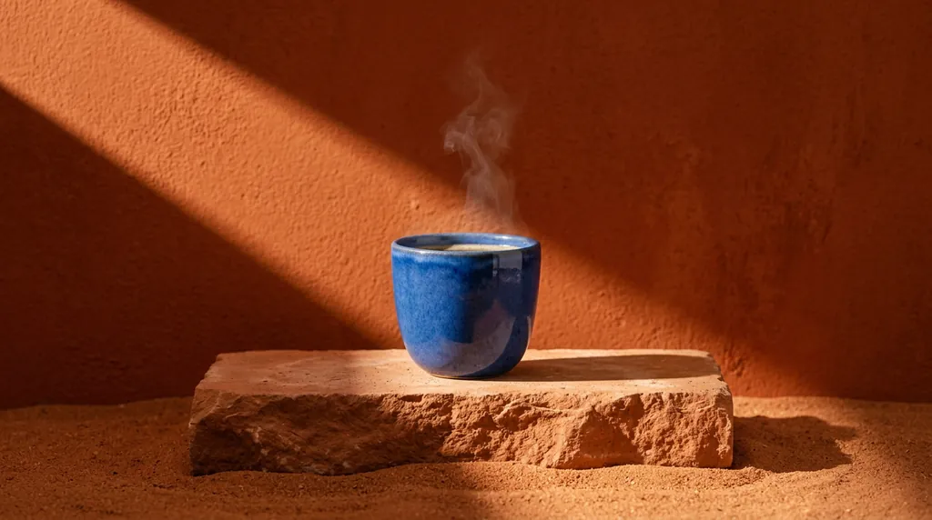 The same blue cup on terracotta stone against an orange wall with a diagonal sunbeam.