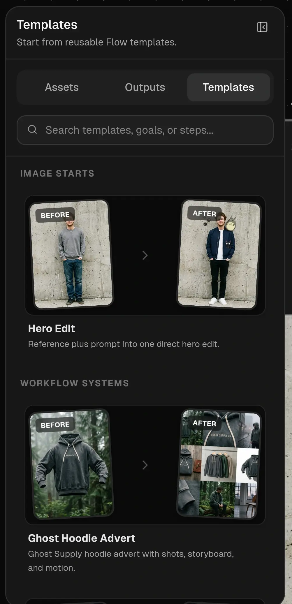 Actual dark Flow Templates panel with Assets, Outputs and Templates tabs, search, and before/after cards for Hero Edit and Ghost Hoodie Advert.
