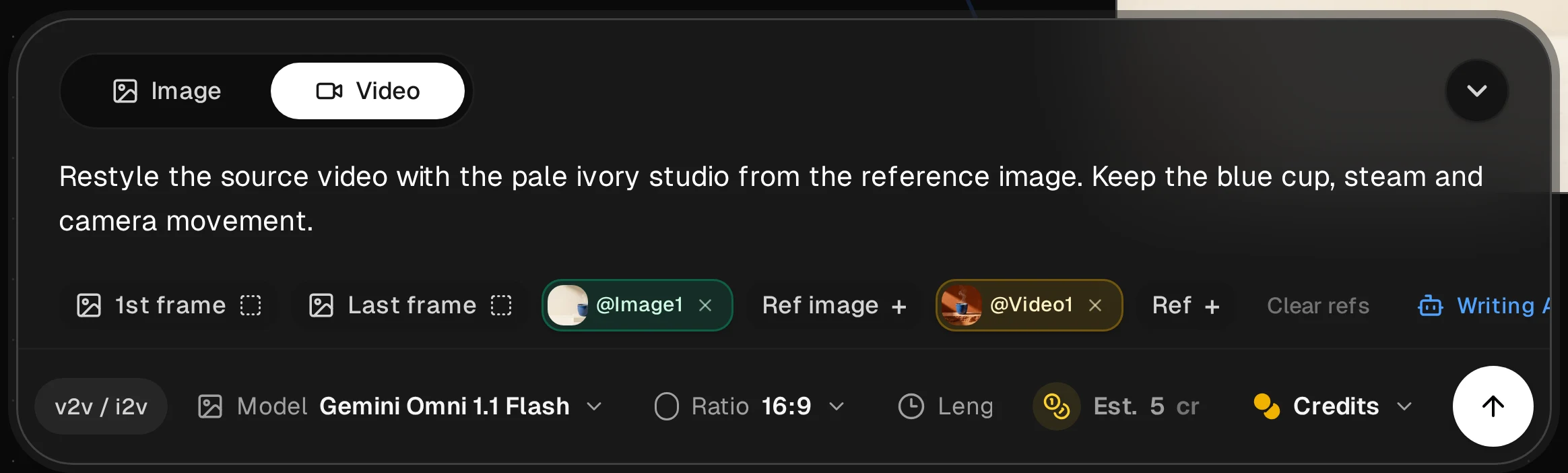 Real Flow Video Prompt Bar with an ivory-studio edit instruction, green Image1 reference chip, amber Video1 source chip and Gemini Omni 1.1 Flash selected.