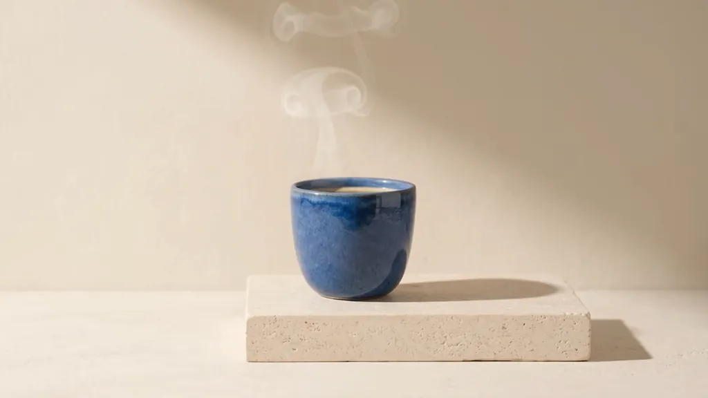 Extracted video frame: a cobalt-blue cup with curling steam on a pale stone plinth against an ivory wall.