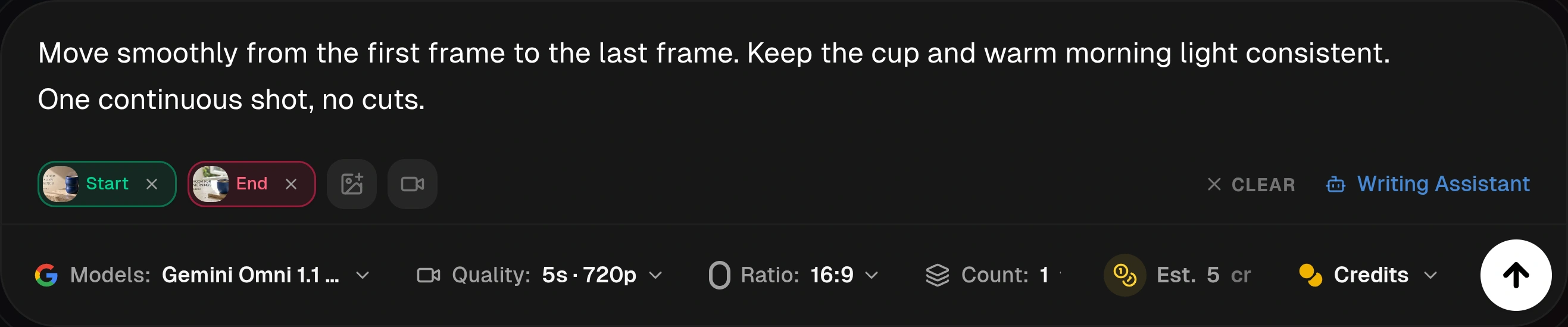 Video Prompt Bar with a green Start image chip, a pink End image chip, and Gemini Omni 1.1 Flash selected.