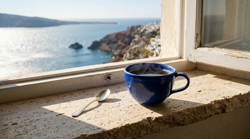 Original cobalt-blue cup beside a sunlit coastal window.