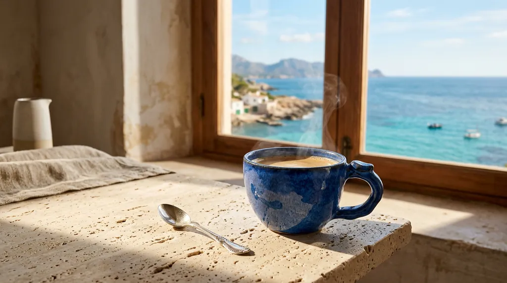 Second generated composition of the blue cup and coastal setting.