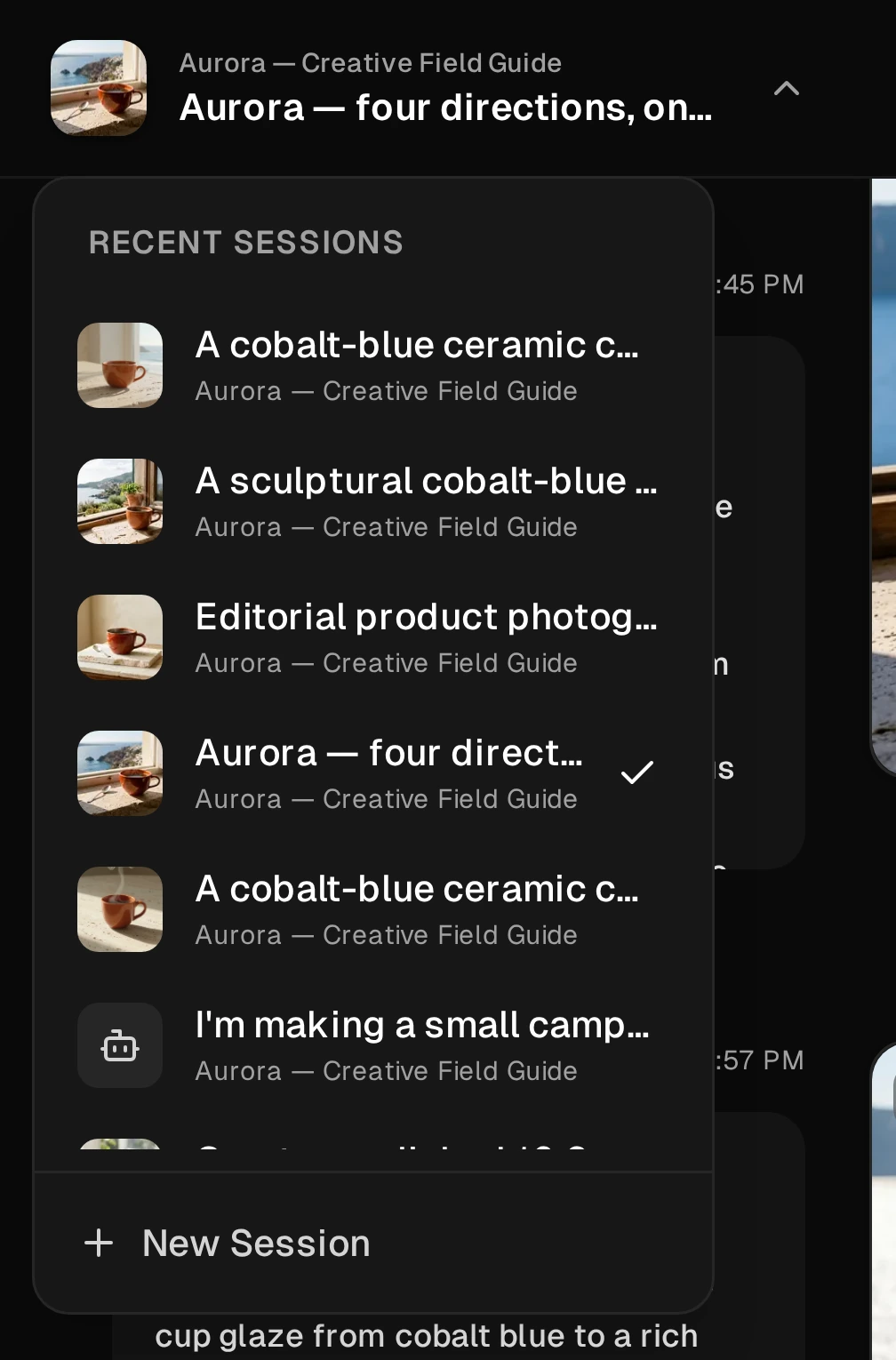 Actual session-title menu showing Recent Sessions, a checkmark beside the current image session, and New Session at the bottom.