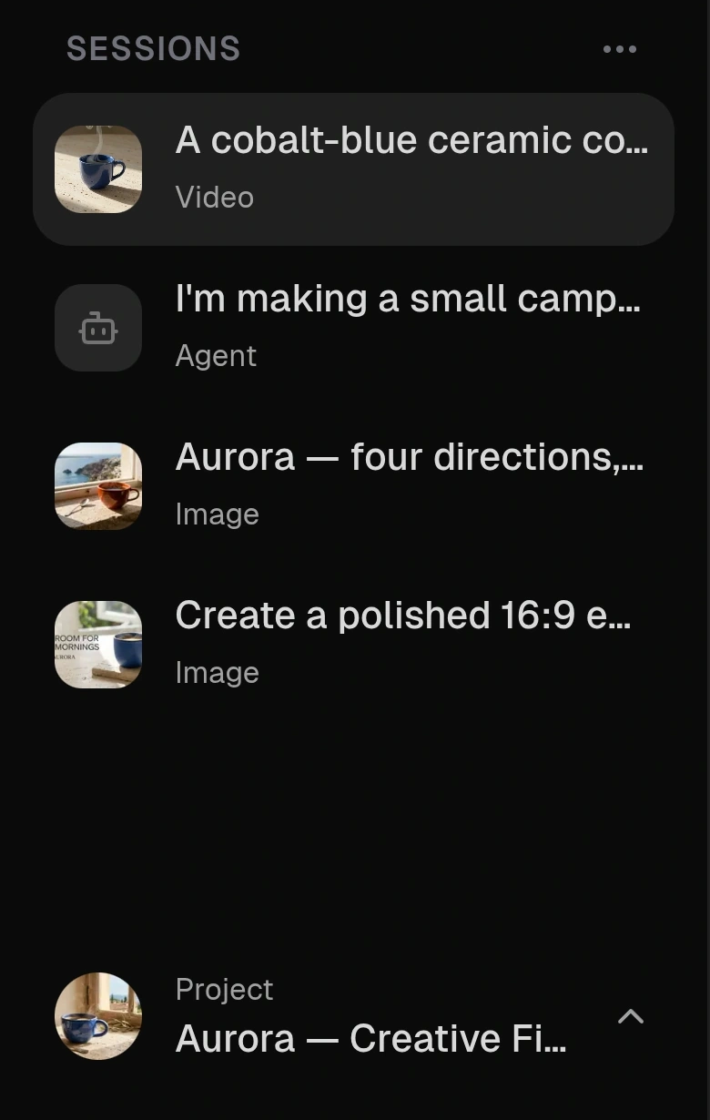 Actual sidebar showing four Image, Video and Agent sessions above the bottom-left Aurora project switcher.