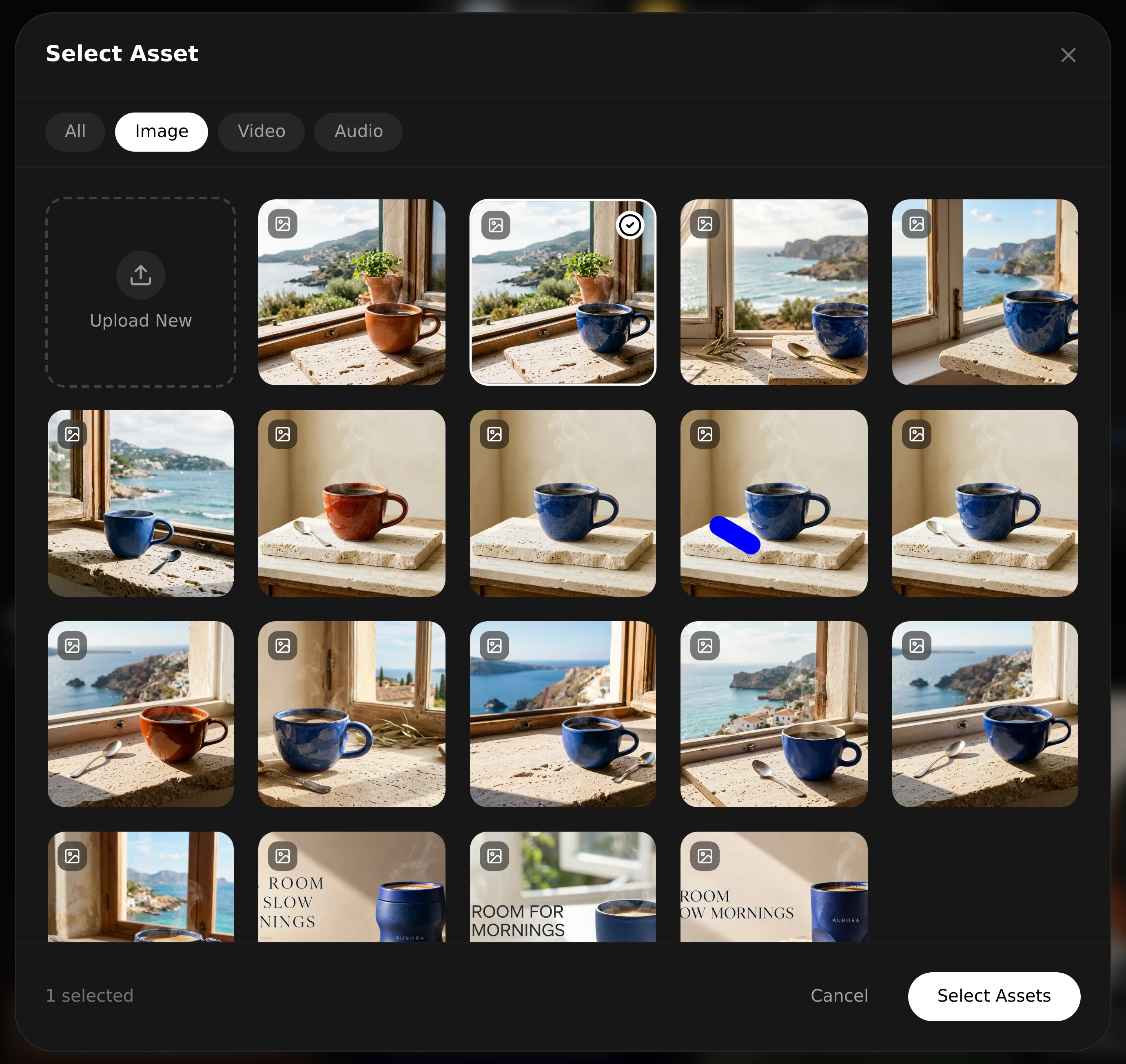 Project asset picker with one blue-cup image checked, 1 selected, and the Select Assets confirmation button.