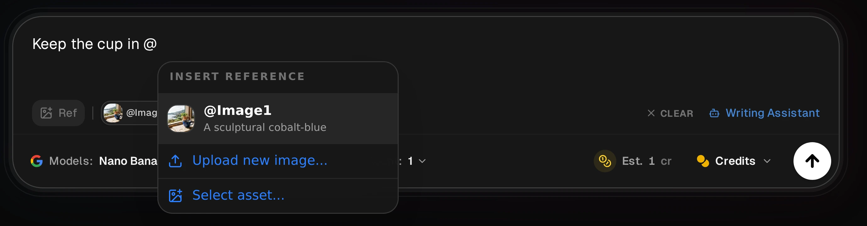 Typing @ in the real Prompt Bar opens Insert Reference with the attached Image1 and options to add another asset.