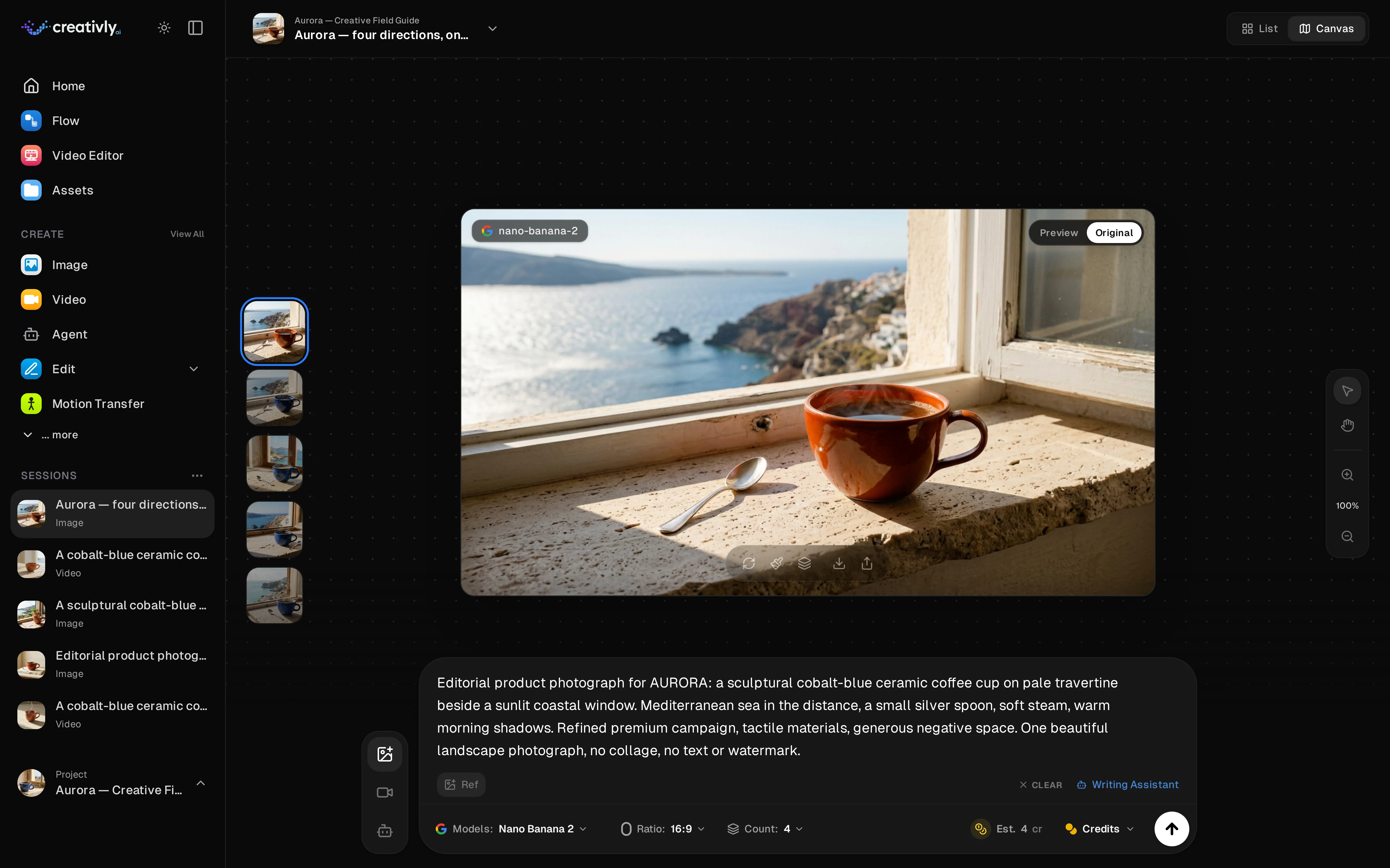 Actual dark-mode Sessions Canvas at 100 percent zoom, with five result thumbnails, the terracotta cup edit open in Original mode, and the Prompt Bar below.