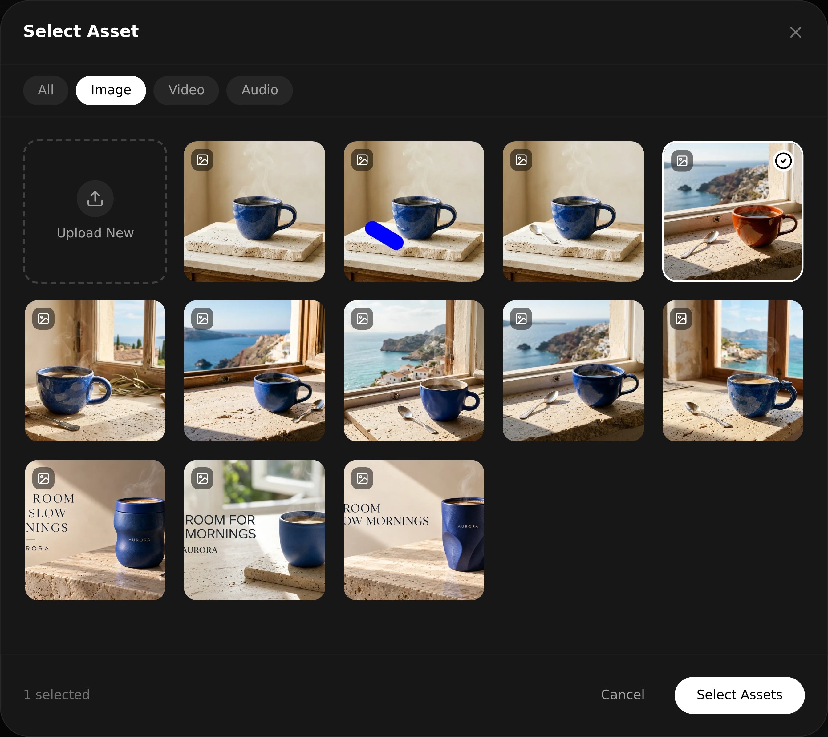 Actual project asset picker with the terracotta cup selected as the additional reference.