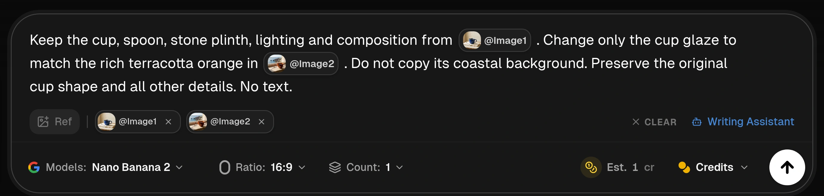 Actual Image Prompt Bar with Image1 and Image2 attached and mentioned inline, Nano Banana 2, Ratio 16:9 and Count 1.