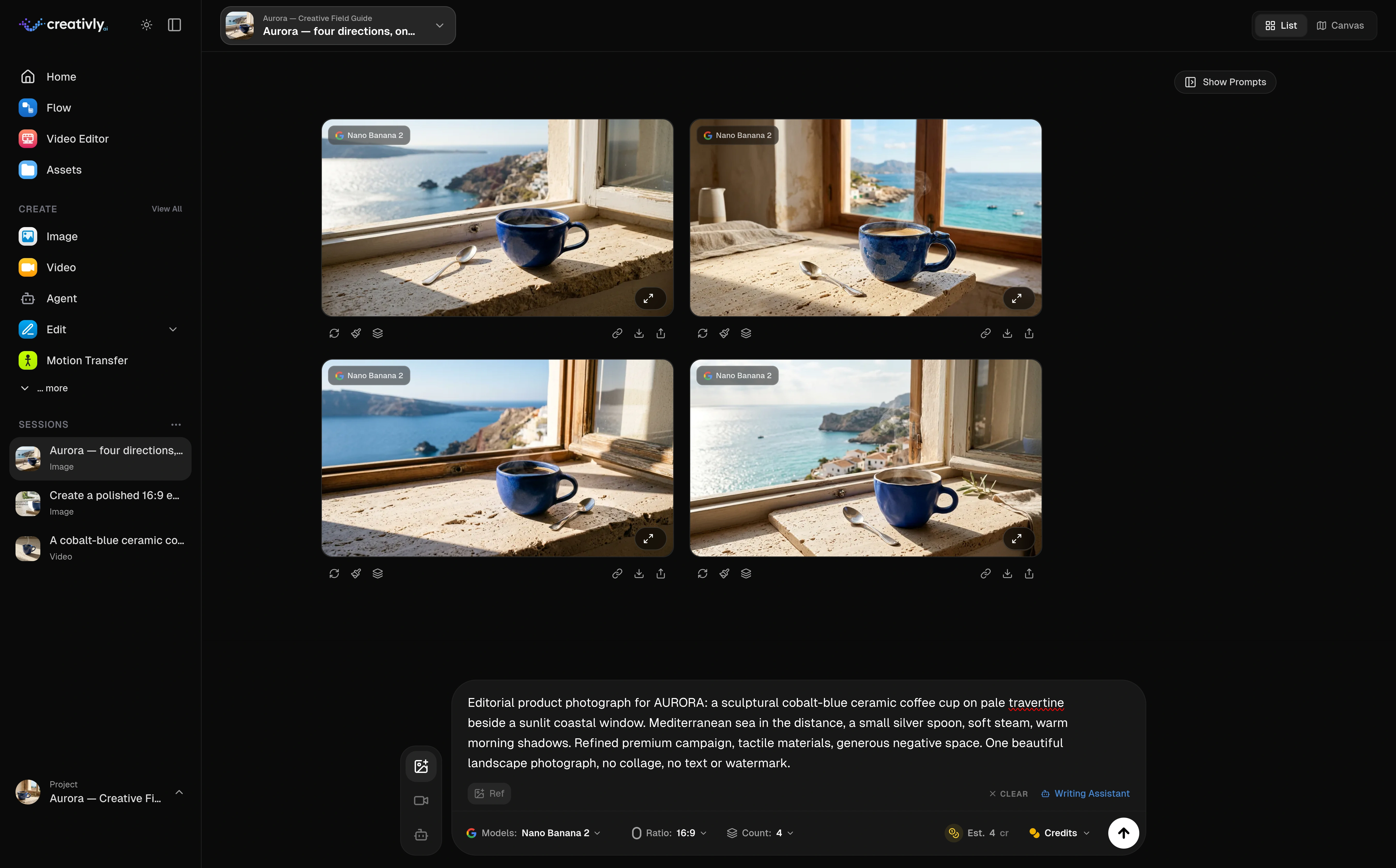 Full dark-mode Sessions interface with four completed Nano Banana 2 images, the project and session sidebar, List and Canvas controls, and the Prompt Bar.