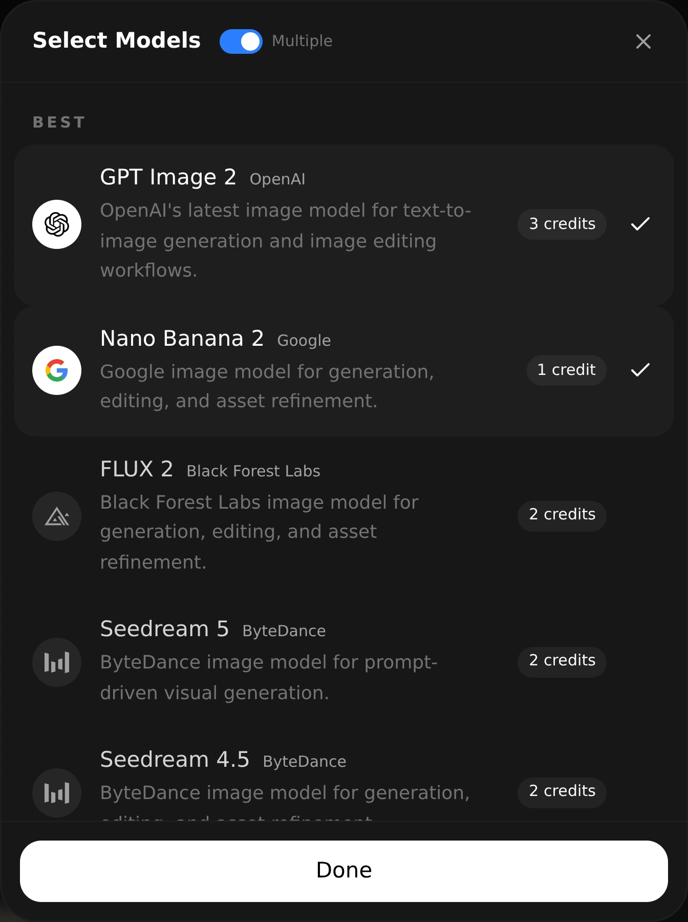 Multiple enabled with GPT Image 2 and Nano Banana 2 selected in the model picker.