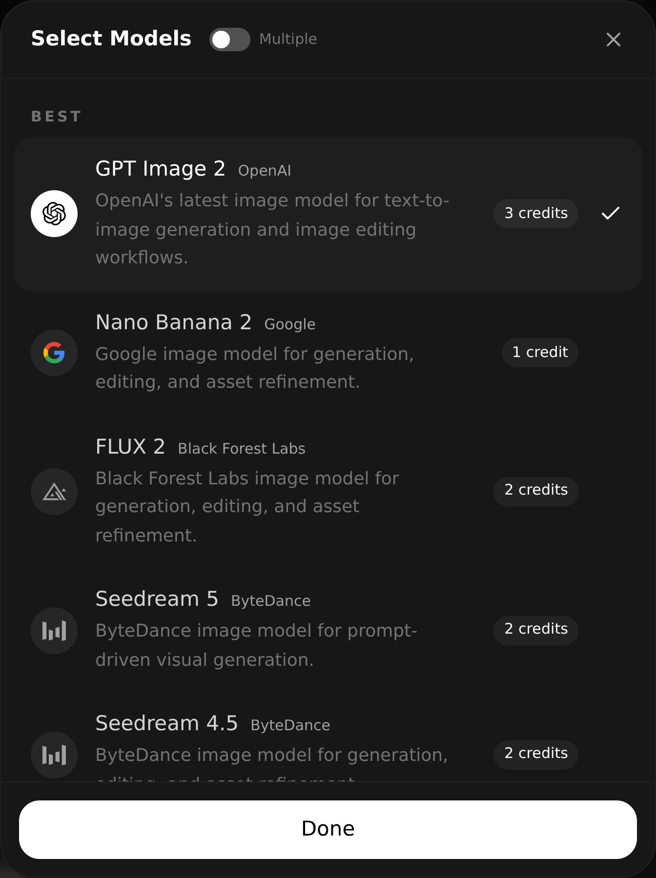 Model selection dialog with one image model selected and Multiple turned off.