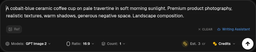 Image Prompt Bar showing GPT Image 2, 16:9, Count 1, and a 3-credit estimate.
