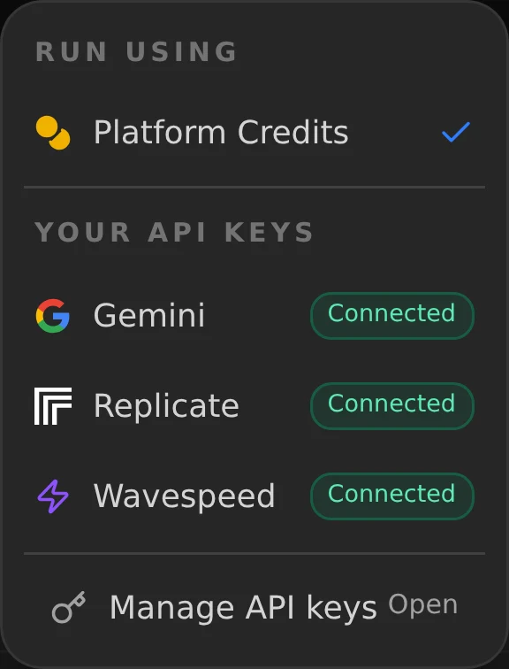 Sessions run-provider menu with Platform Credits checked and Gemini, Replicate, Wavespeed and Manage API keys below.