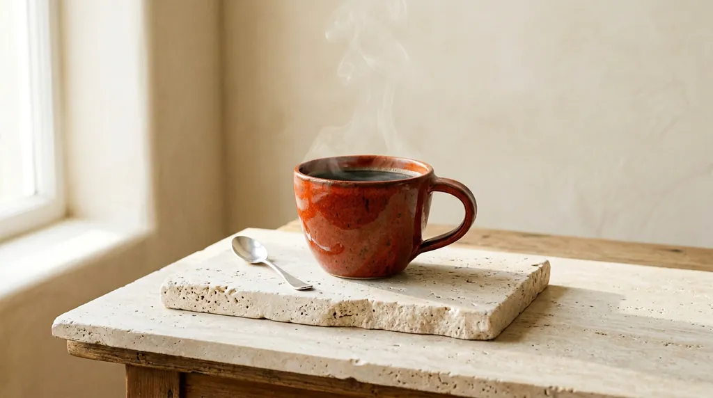 Generated terracotta-orange cup on the original stone plinth, with the spoon and studio background retained.