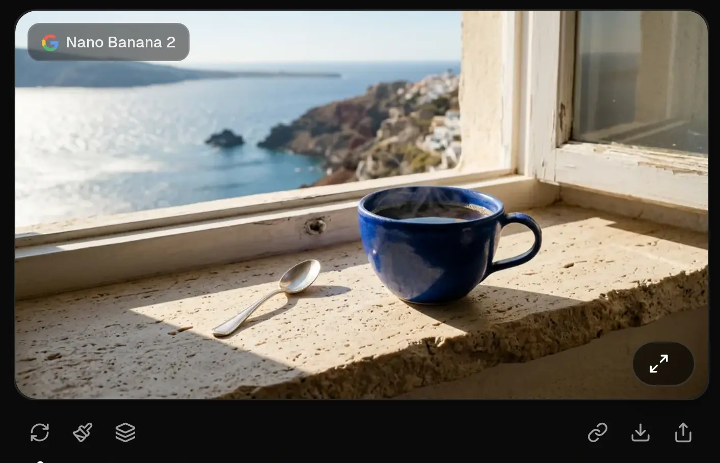 A completed cup image with its Expand control and action row, including Reuse Input, Add as Reference, and Download.